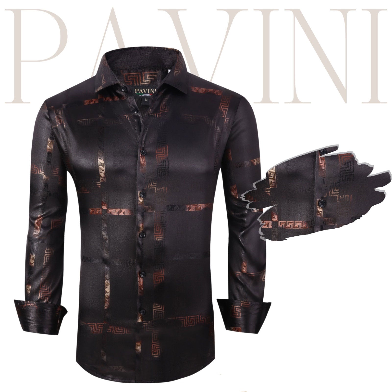 Pavini Black Satin Greca Design Long Sleeve Shirt