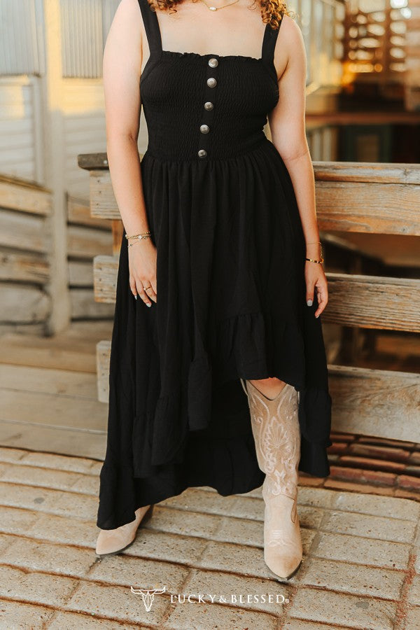 Lucky & Blessed Black Hi Low Ruffle Western Concho Dress