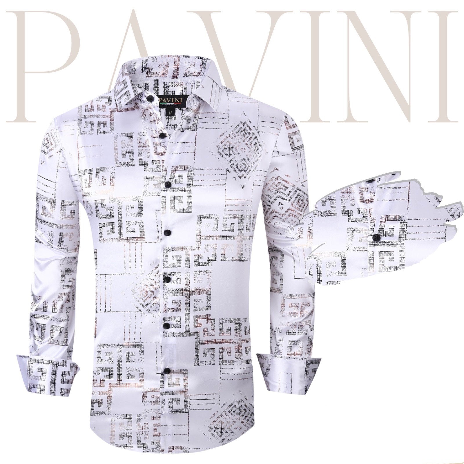 Pavini White Satin Foil Design Long Sleeve Shirt