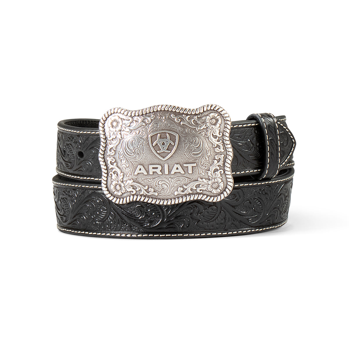 Ariat Black Buckled Floral Embossed Western Belt