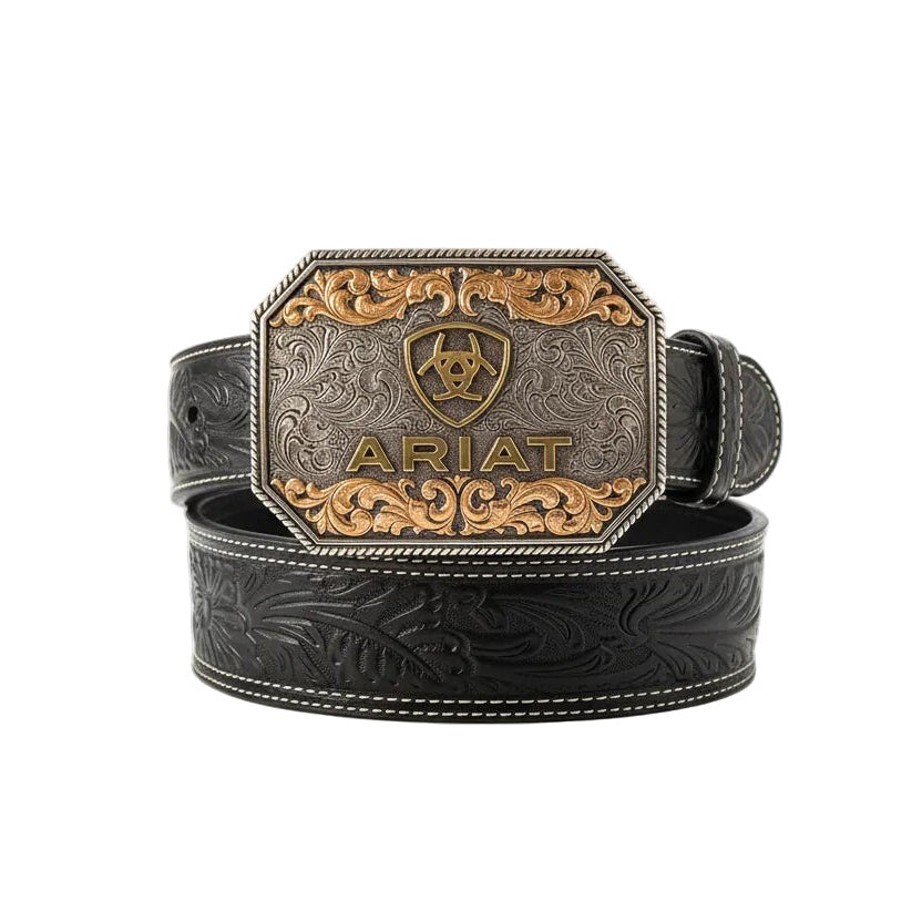Ariat Black Buckled Floral Embossed Tapered Belt