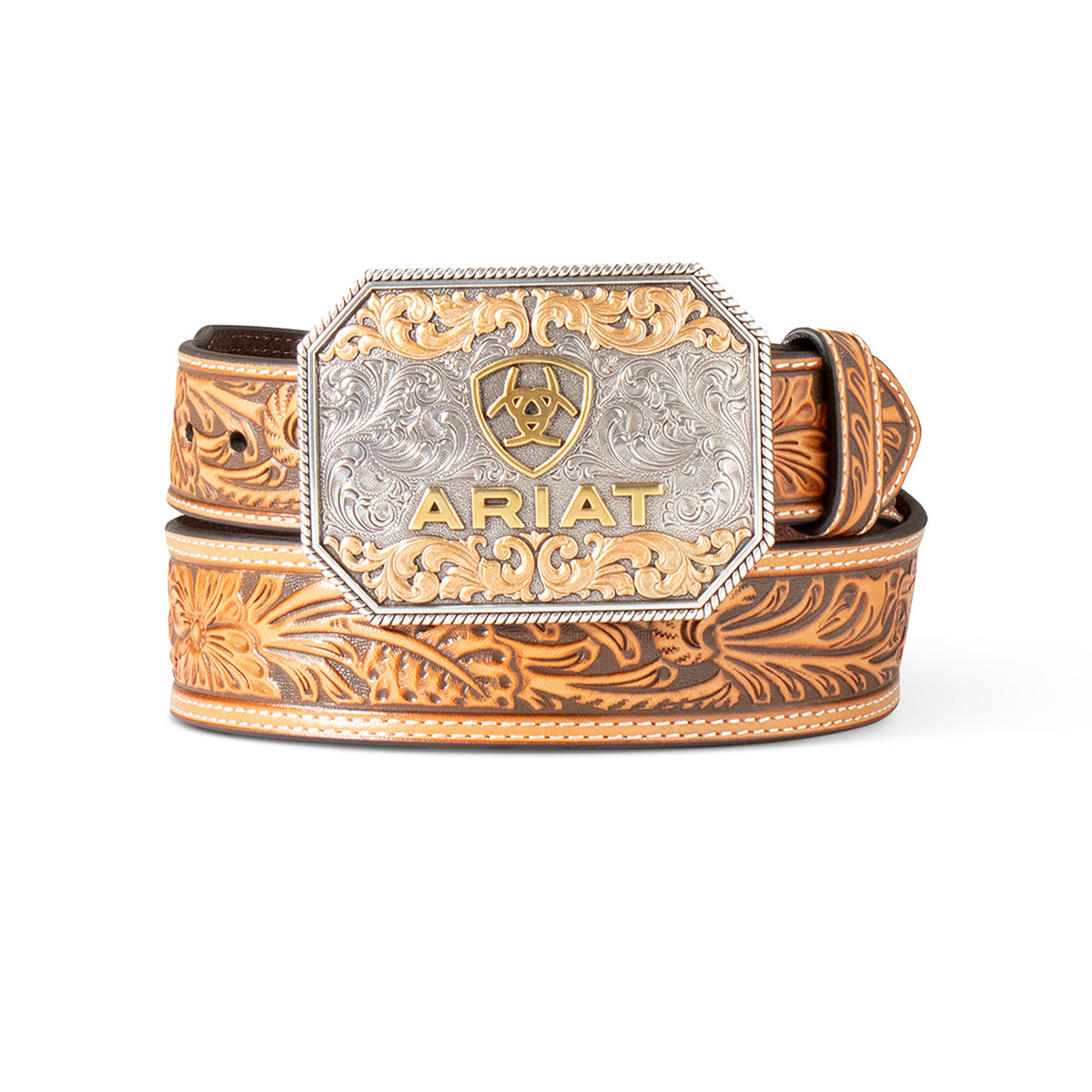 Ariat Tan Buckled Floral Embossed Tapered Belt