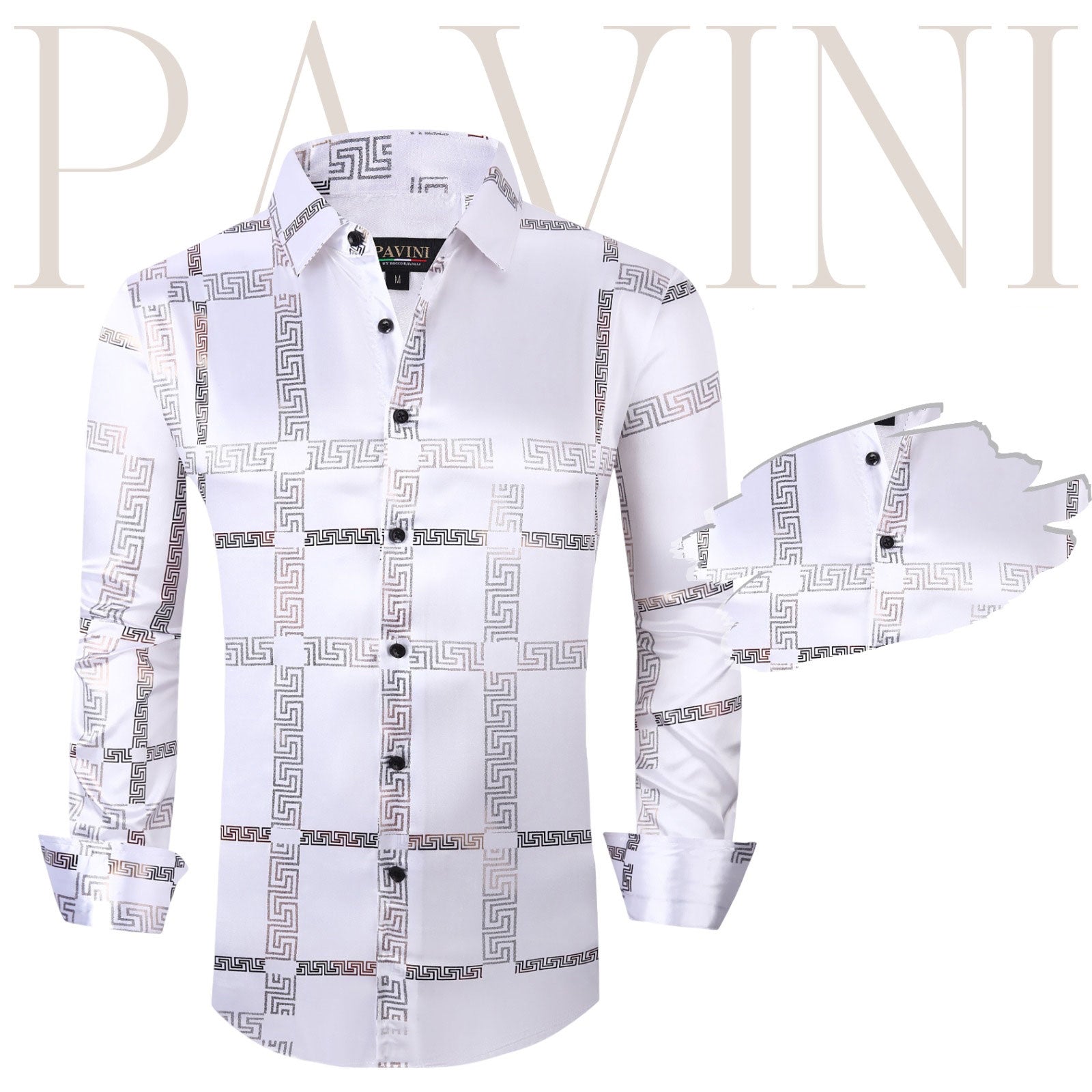 Pavini White Satin Greca Design Long Sleeve Shirt