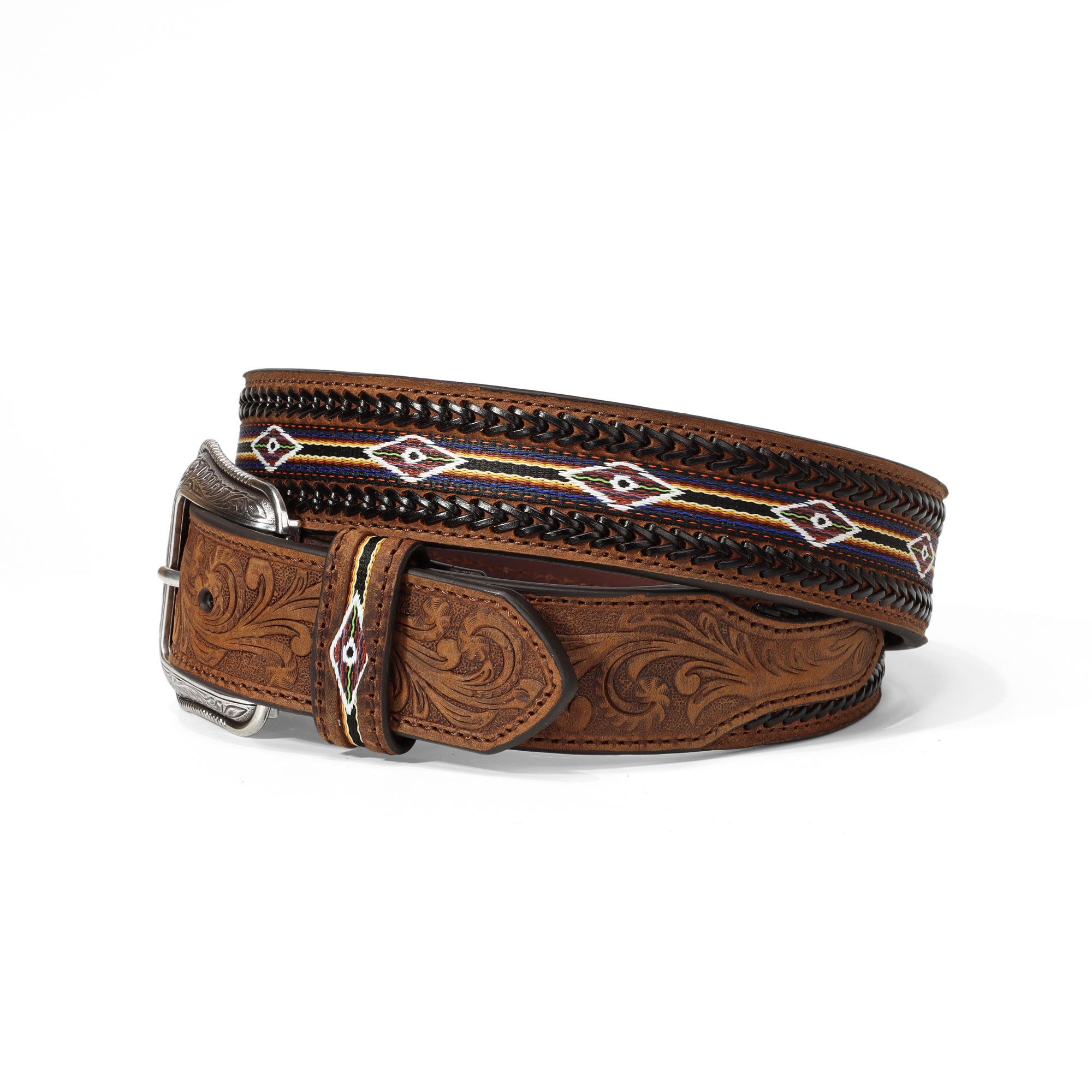 3D Belt Brown Southwestern Buck Stitch Weave Leather Belt