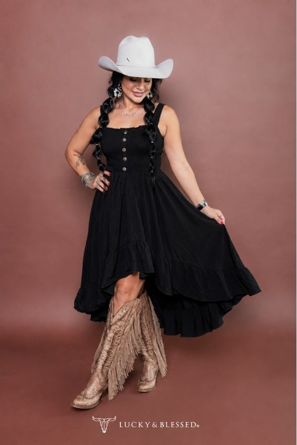 Lucky & Blessed Black Hi Low Ruffle Western Concho Dress