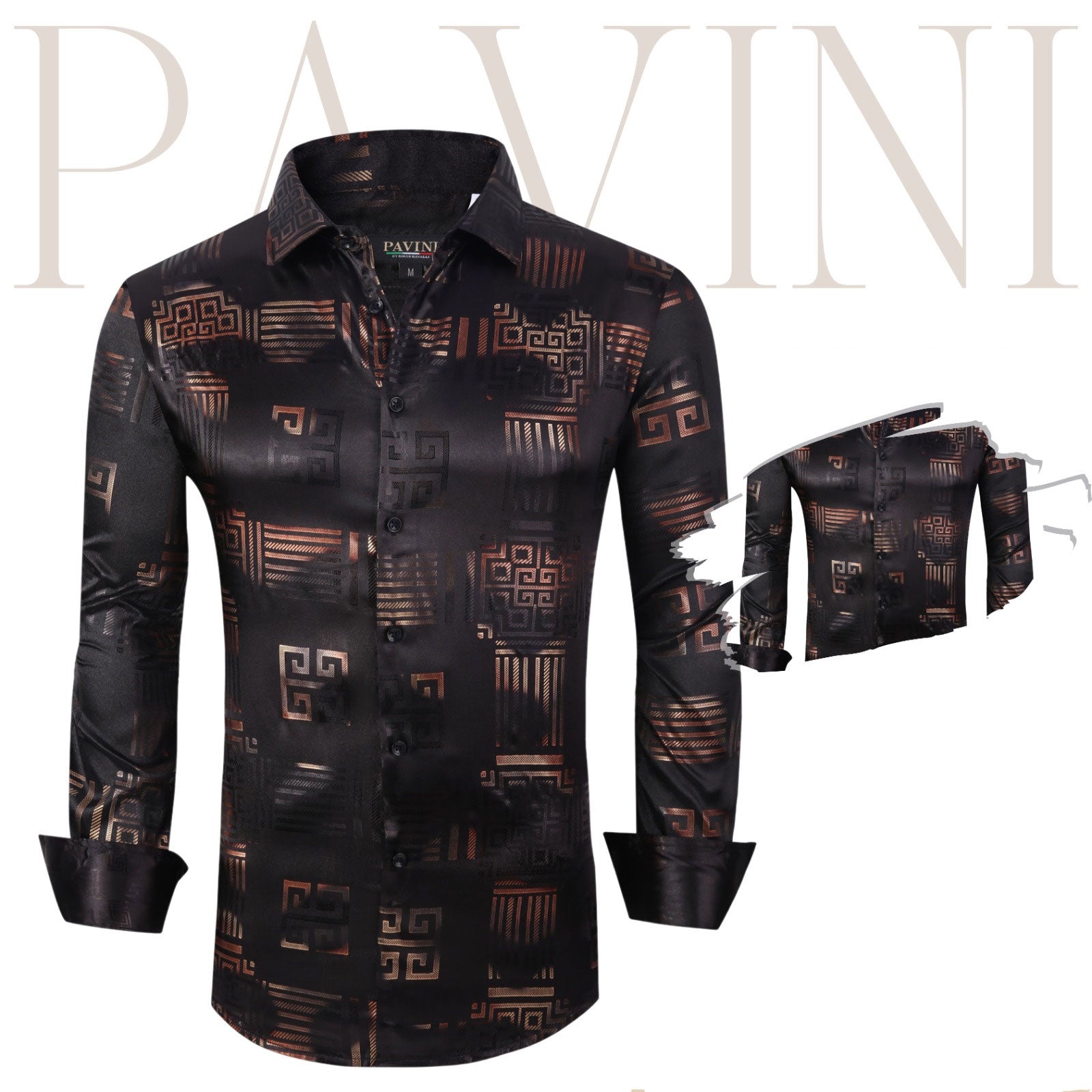 Pavini Black Satin Foil Design Long Sleeve Shirt