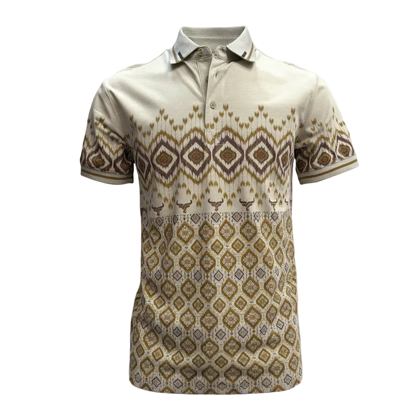 Beige patterned shirt with Lamasini branding on a gray background