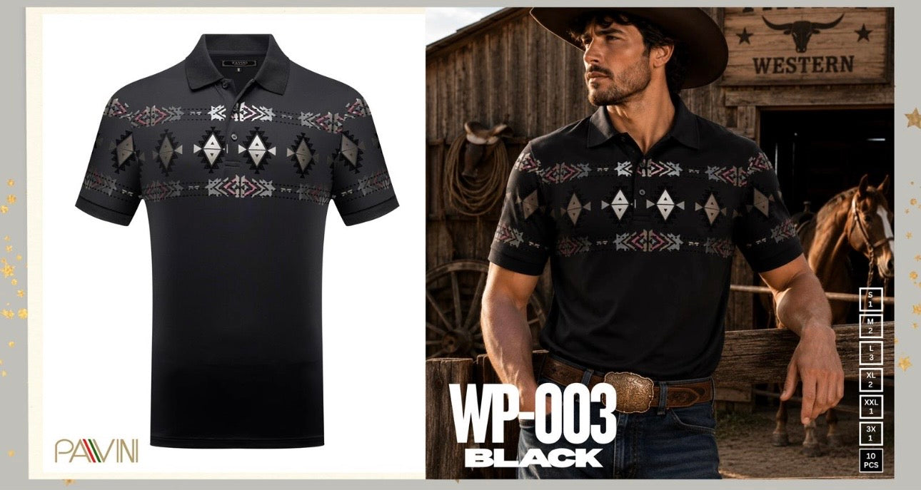 Pavini Black Stretch Southwestern Print Polo