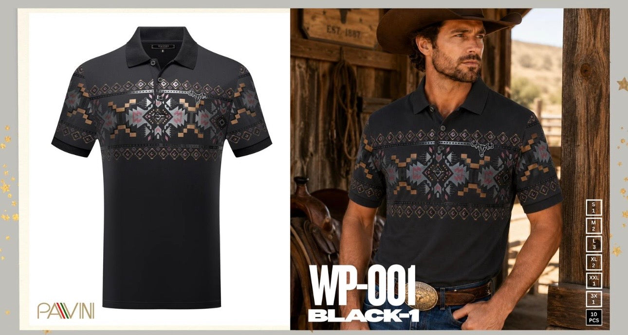 Pavini Black Stretch Southwestern Print Polo