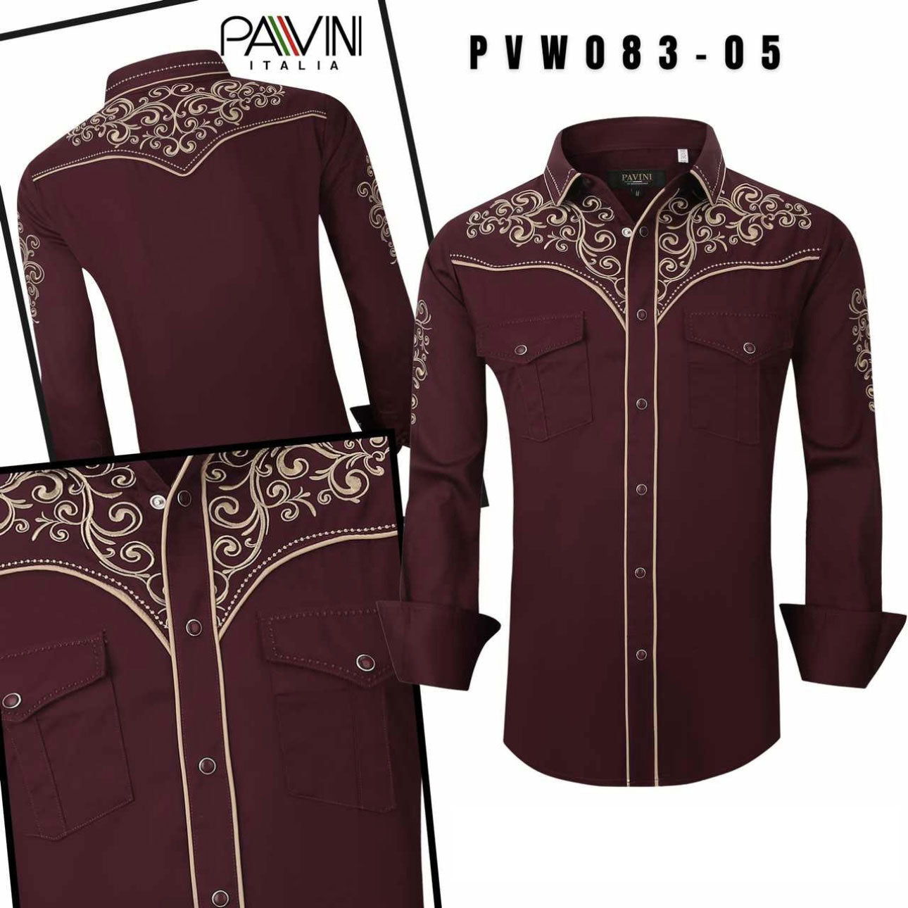 Pavini Burgundy & Tan Embroidered Western Shirt