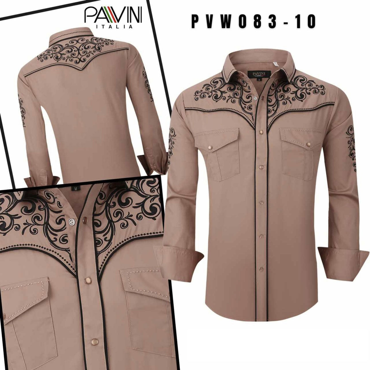 Pavini Beige & Black Embroidered Western Shirt