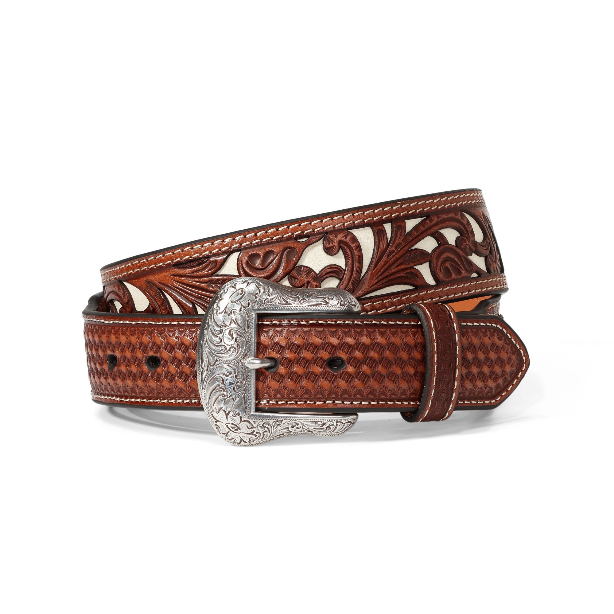 Nocona Brown Floral Pierced Tapered Double Stitch Belt