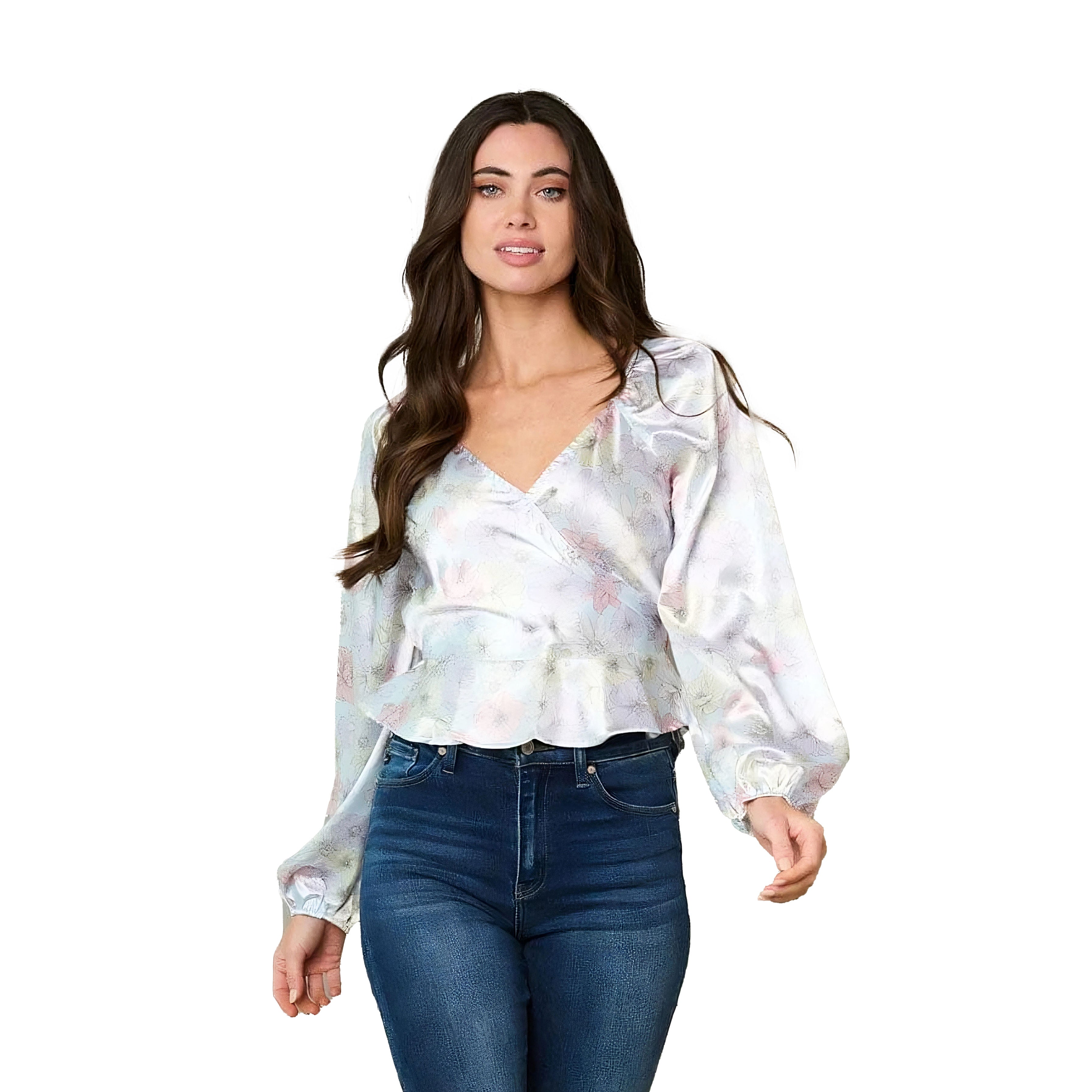 Peach Love Long Puff Sleeve V-Neck Surplice Floral Top