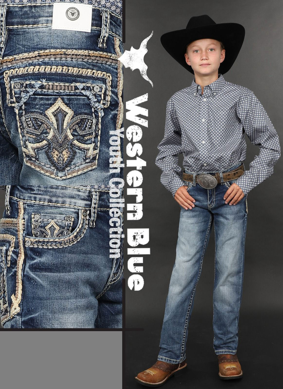 Western Blue Boy's Medium Wash Embroidered Jean