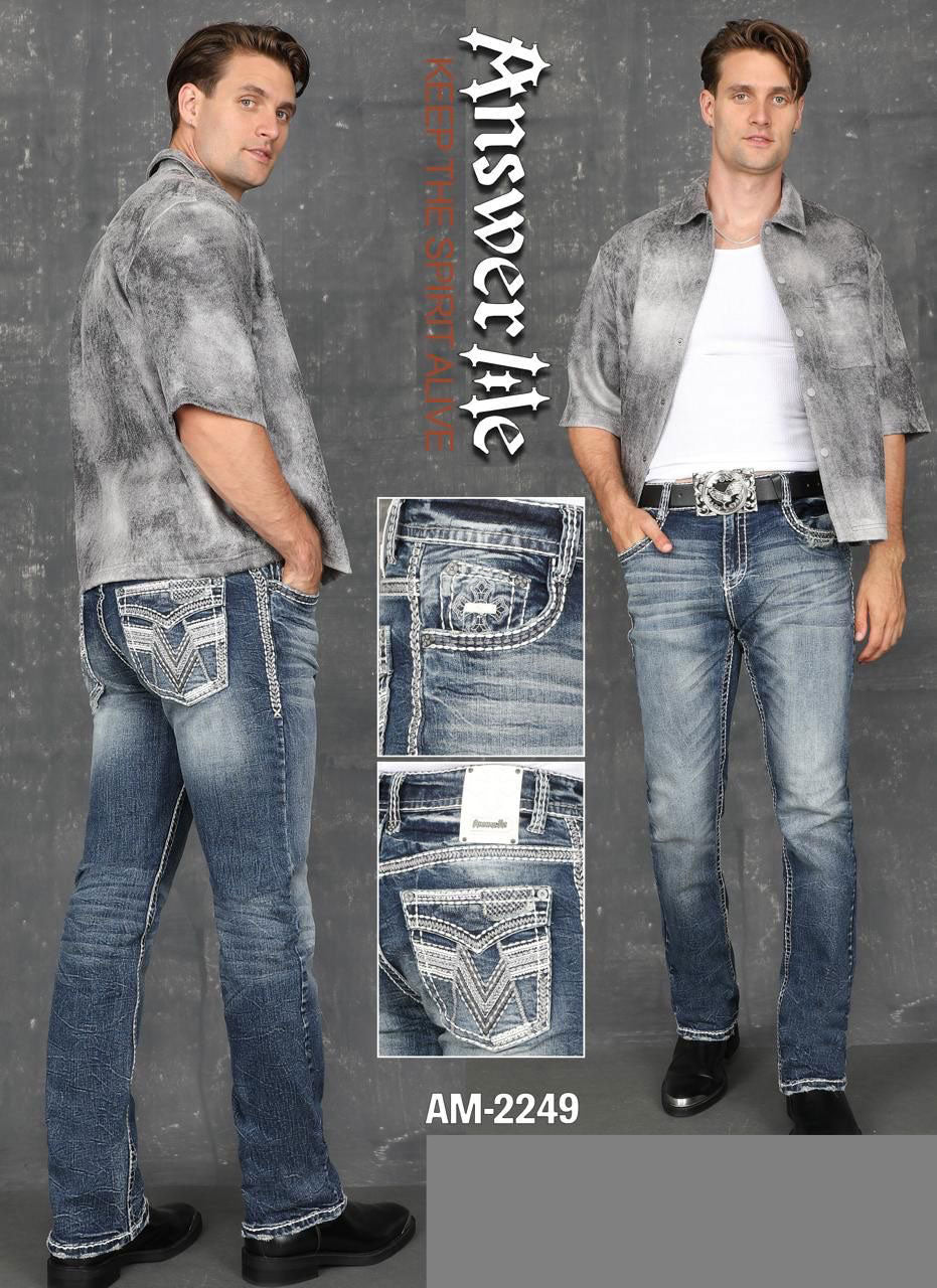 Answer Me Medium Wash Stitched Slim Straight Jean