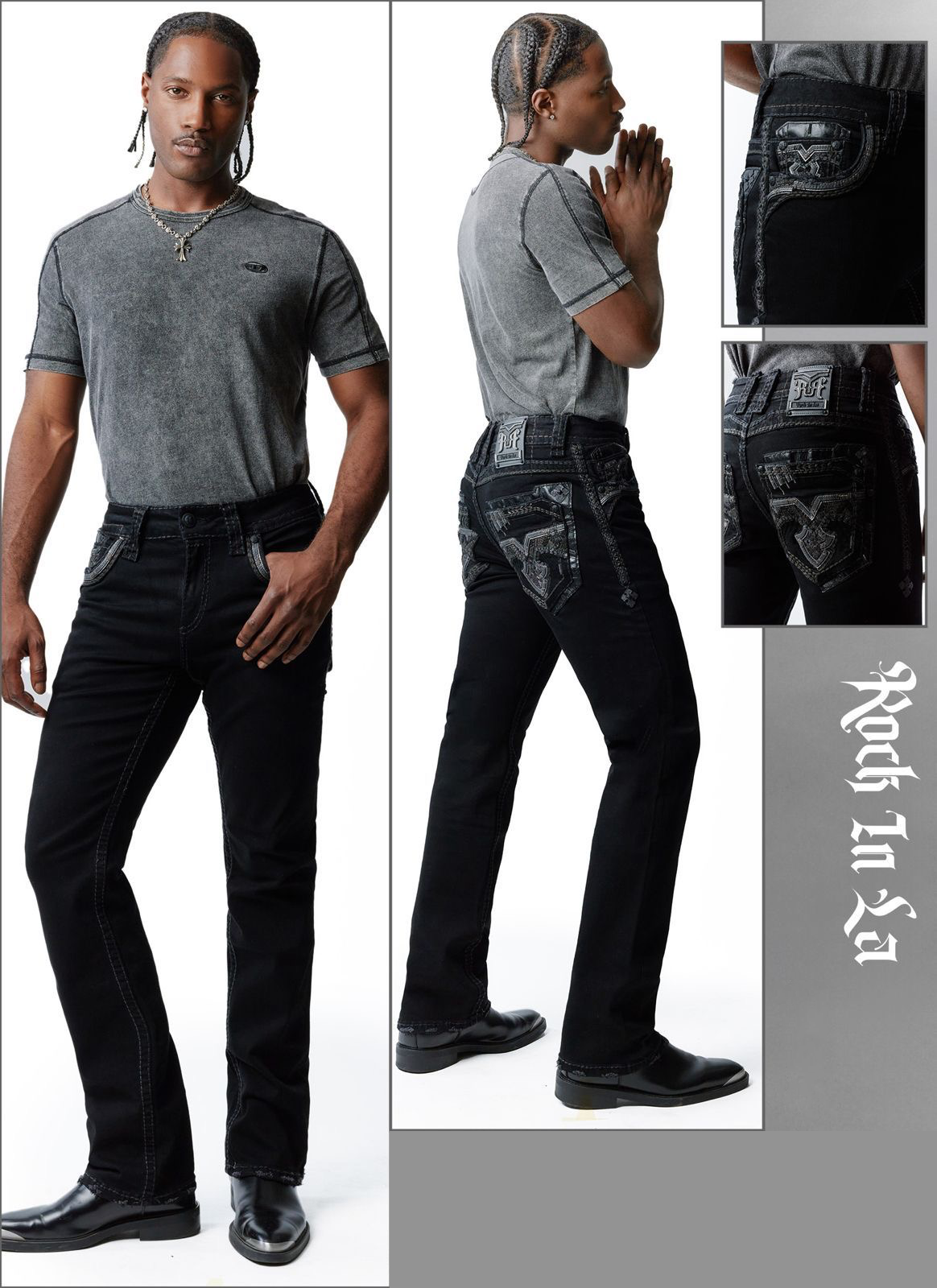 Rock In LA Black Heavy Stitch Slim Straight Denim