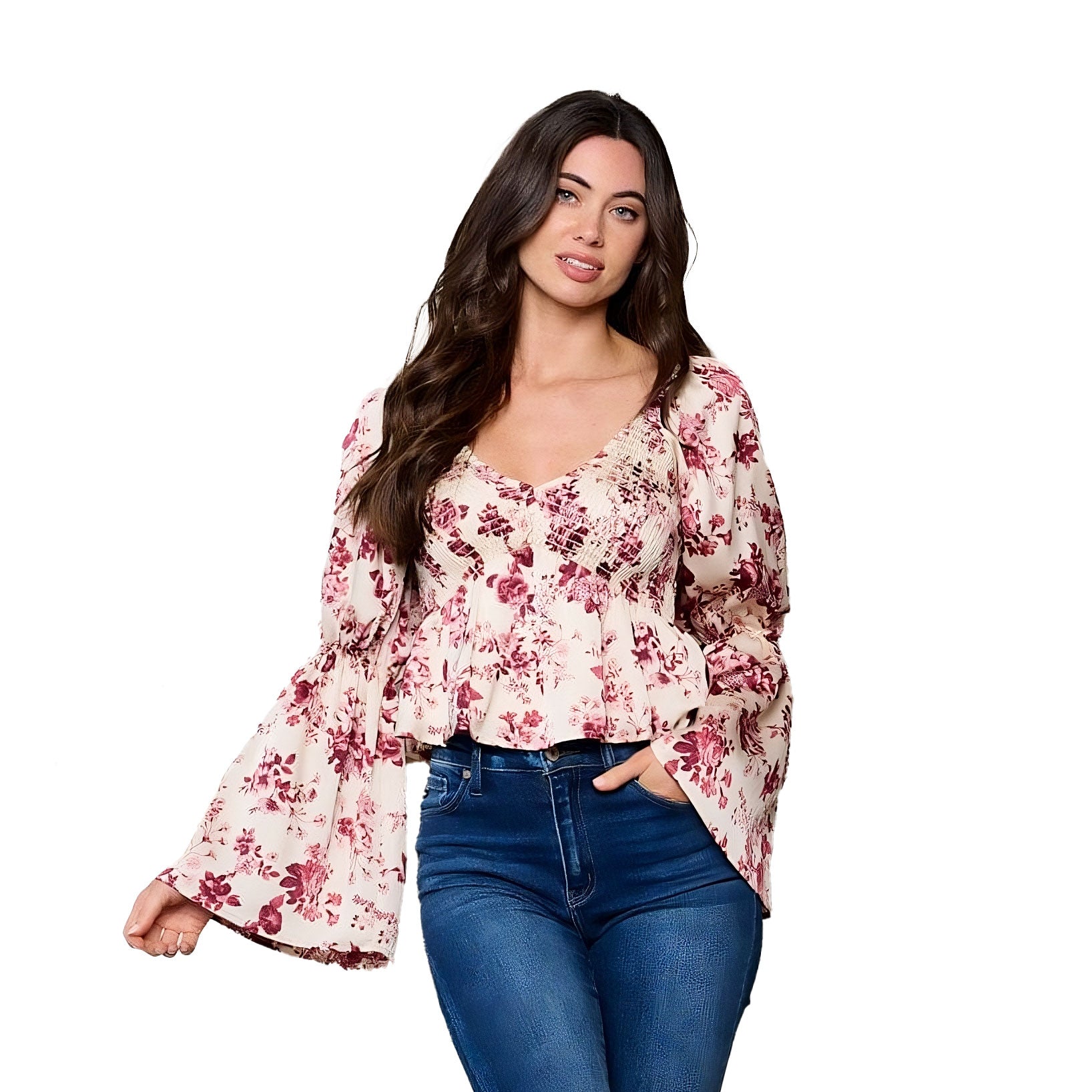 Peach Love Long Bell Sleeve V-Neck Smock Floral Top