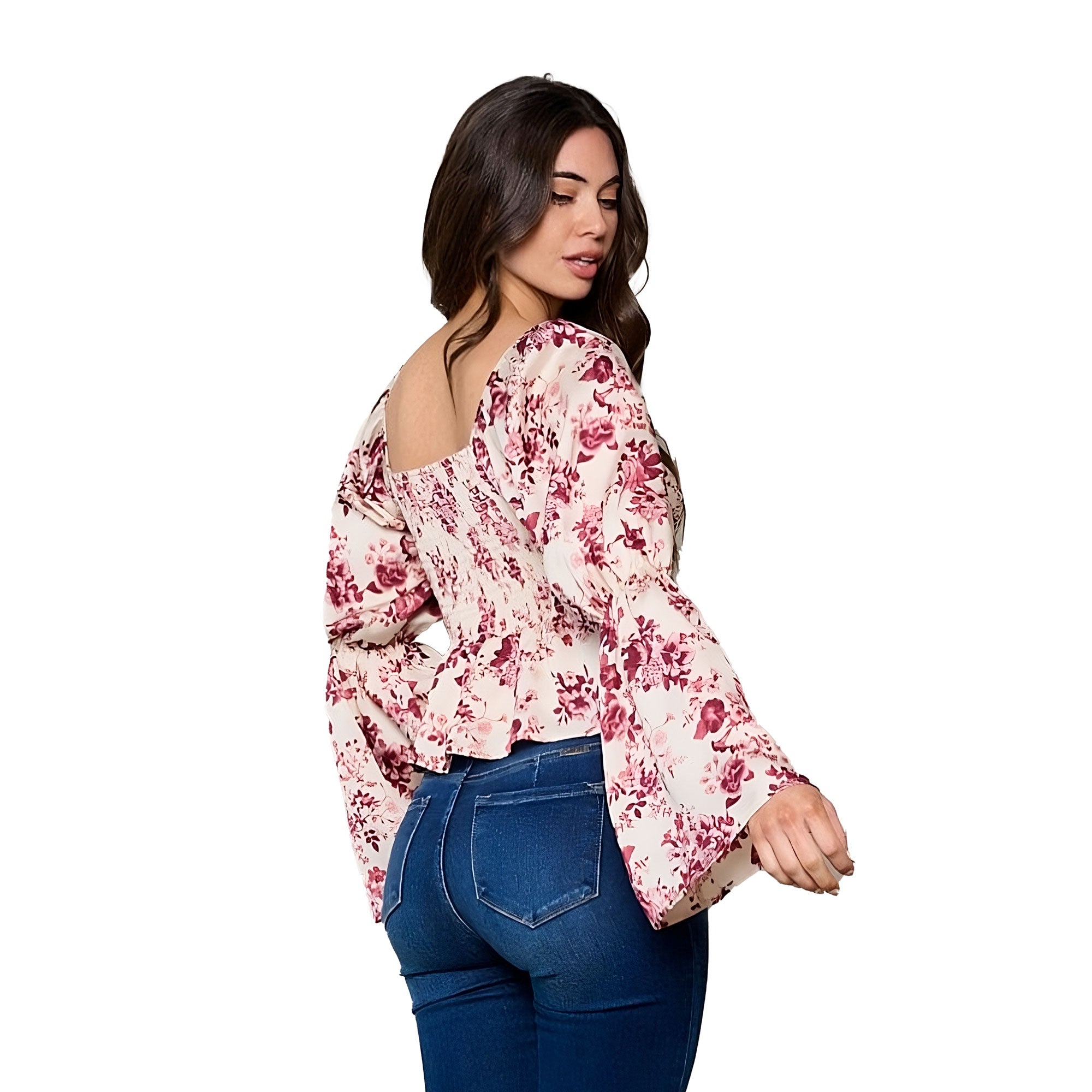 Peach Love Long Bell Sleeve V-Neck Smock Floral Top