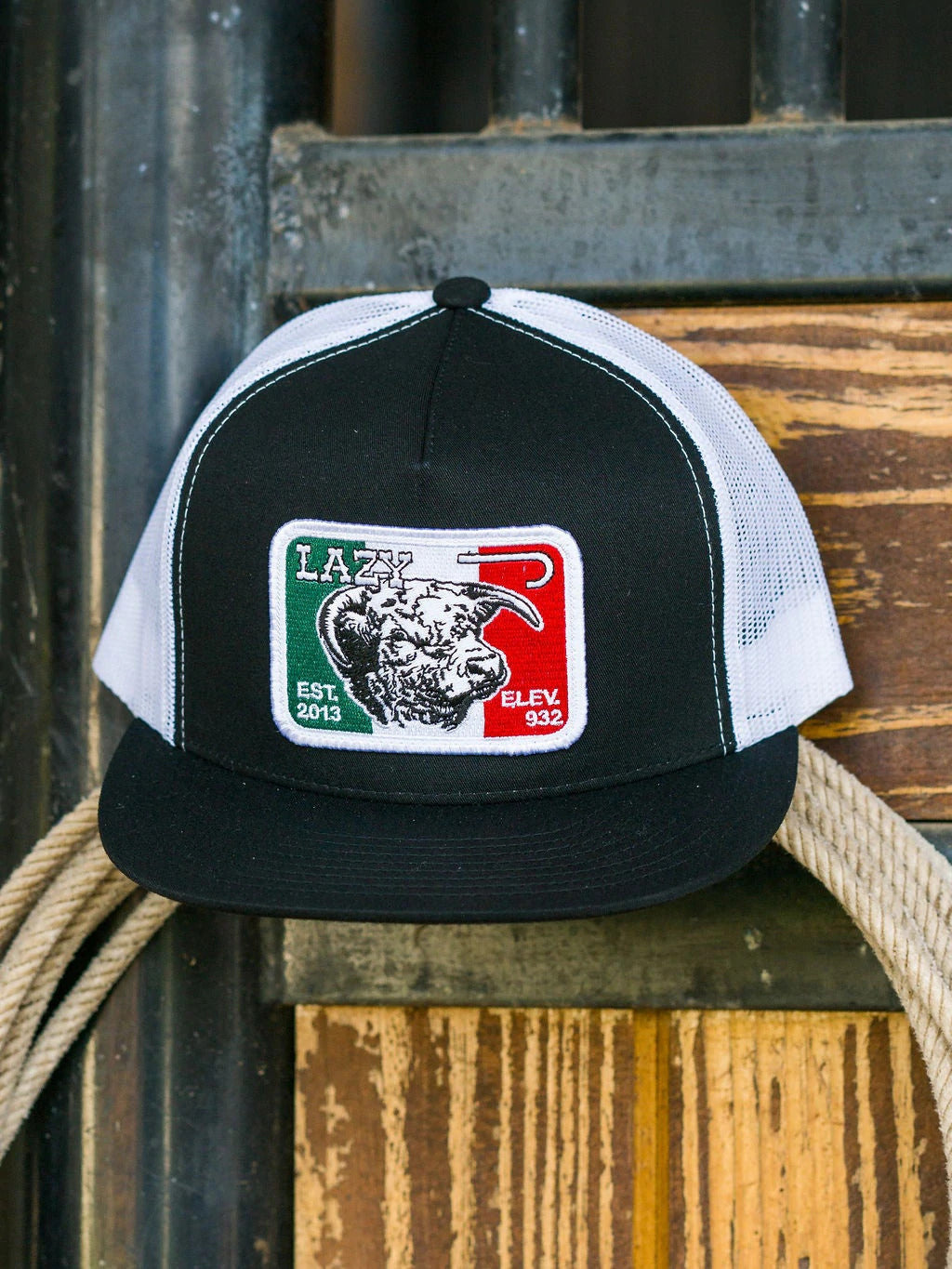 Lazy J Ranch Wear Black & White Mexico Bull Patch Cap