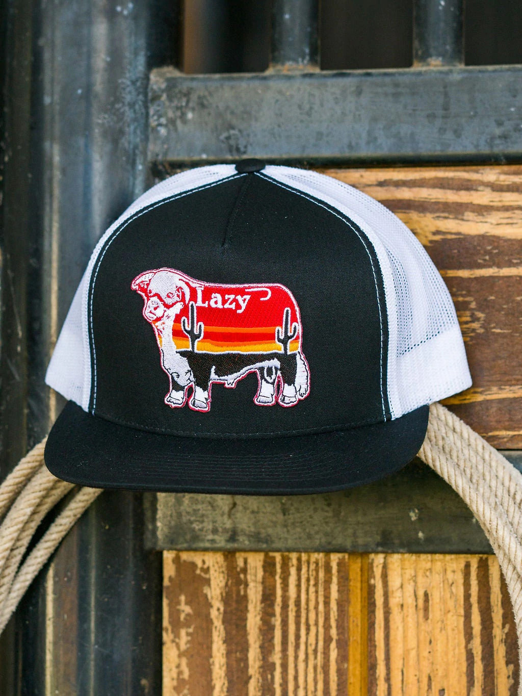 Lazy J Ranch Wear Black & White Sunrise Cactus Bull Cap