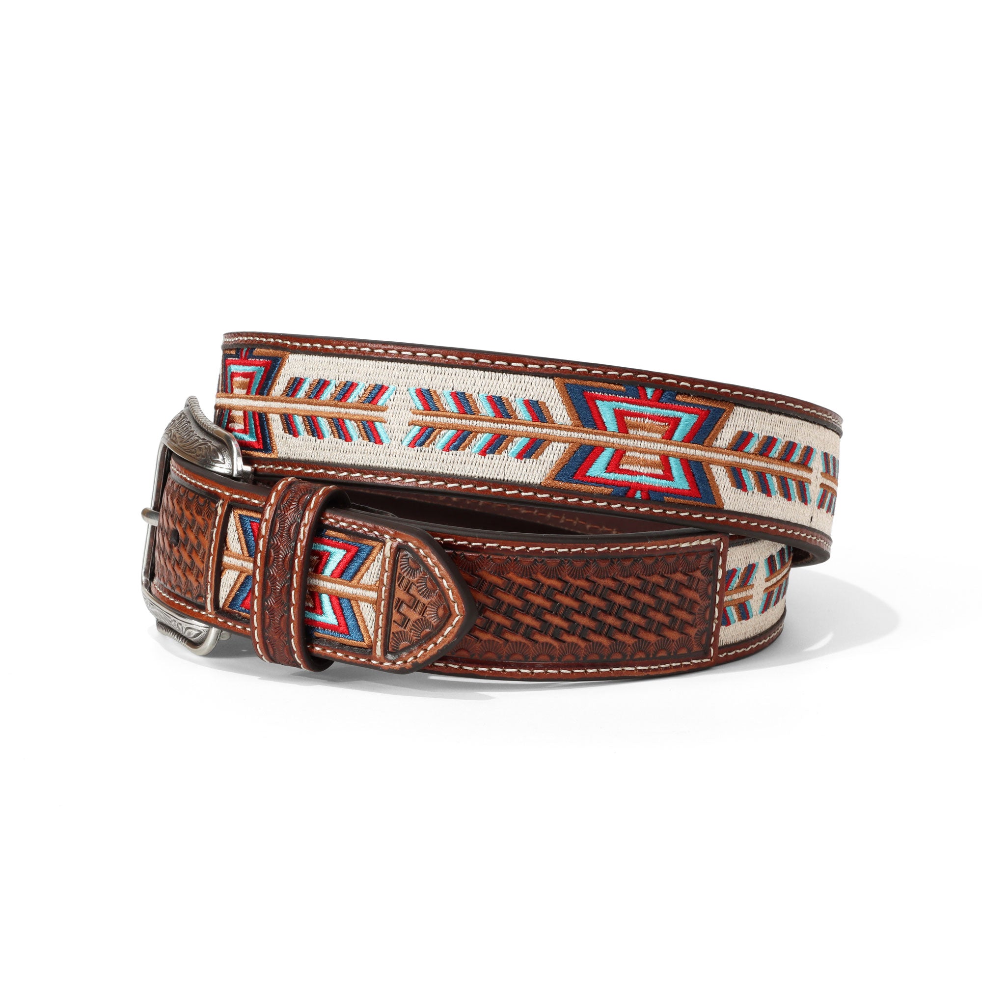 3D Belt Brown Basketweave Arrow Embroidered Leather Belt