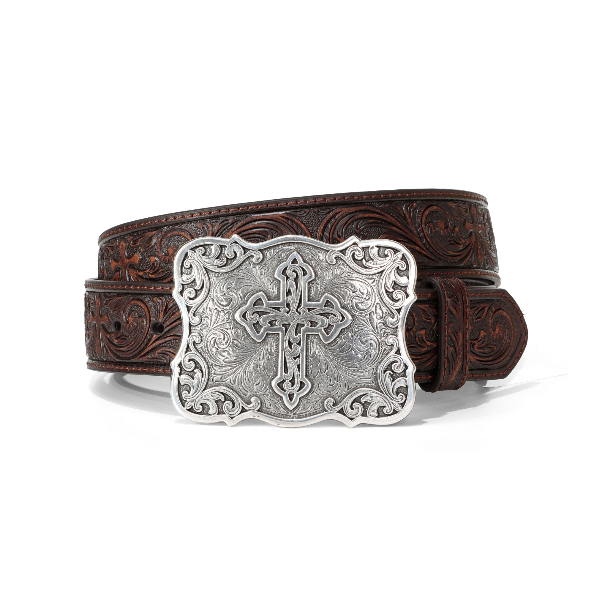 Nocona Brown Cross Buckle Tooled Belt