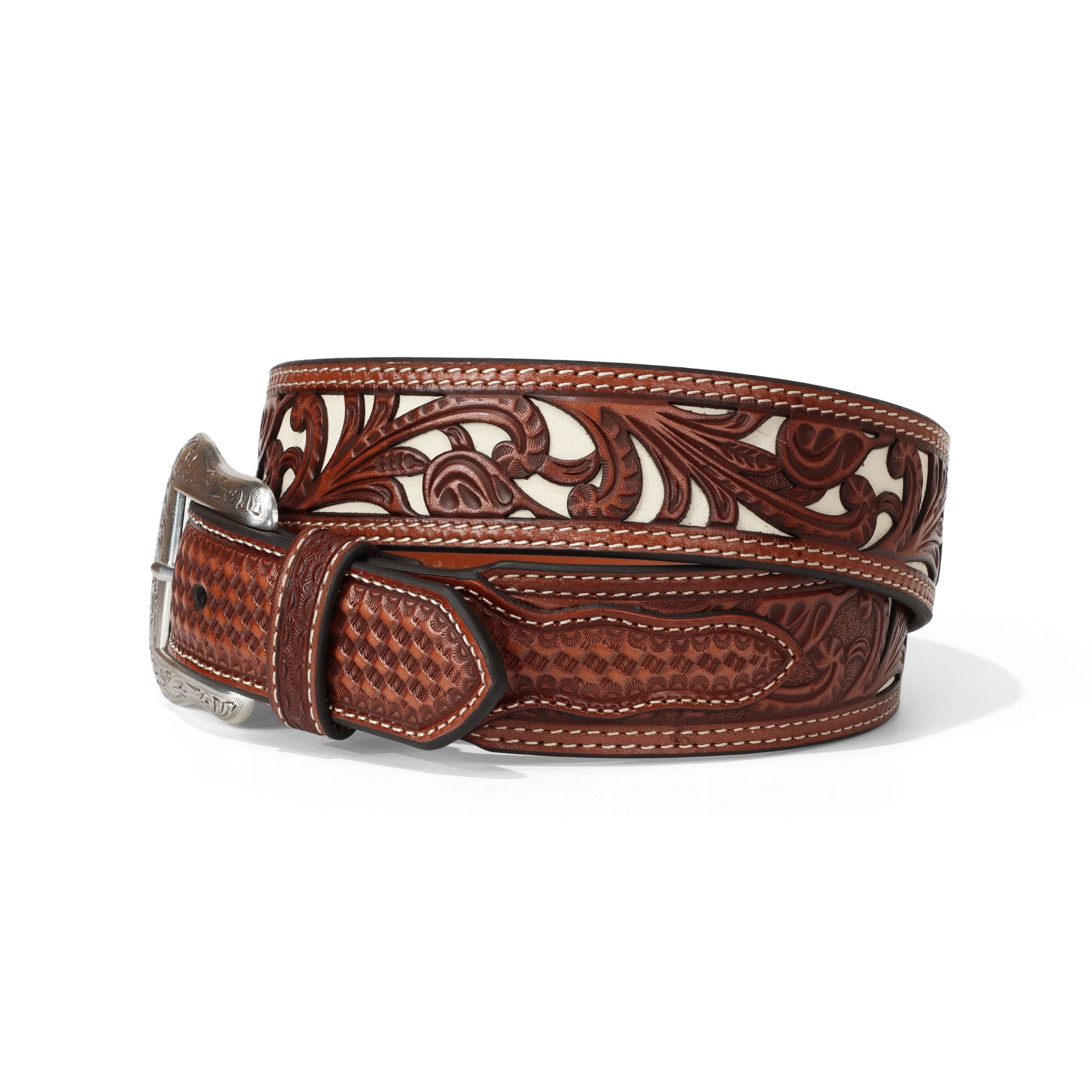 Nocona Brown Floral Pierced Tapered Double Stitch Belt